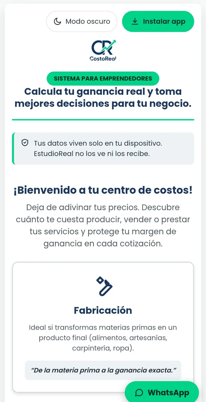 Pantalla de inicio de CostoReal con los módulos Fabricación, Compra-Venta y Servicios