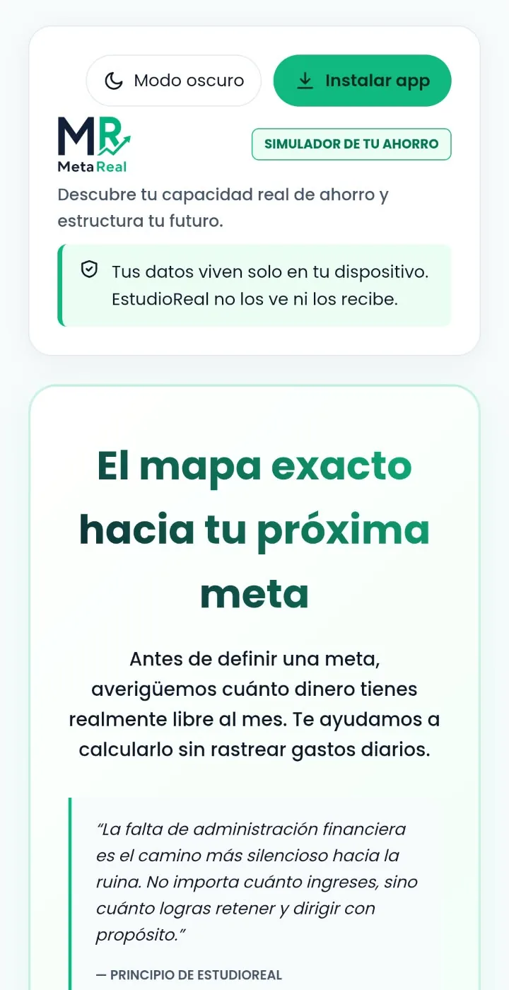 Pantalla de inicio de MetaReal, simulador de ahorro y metas